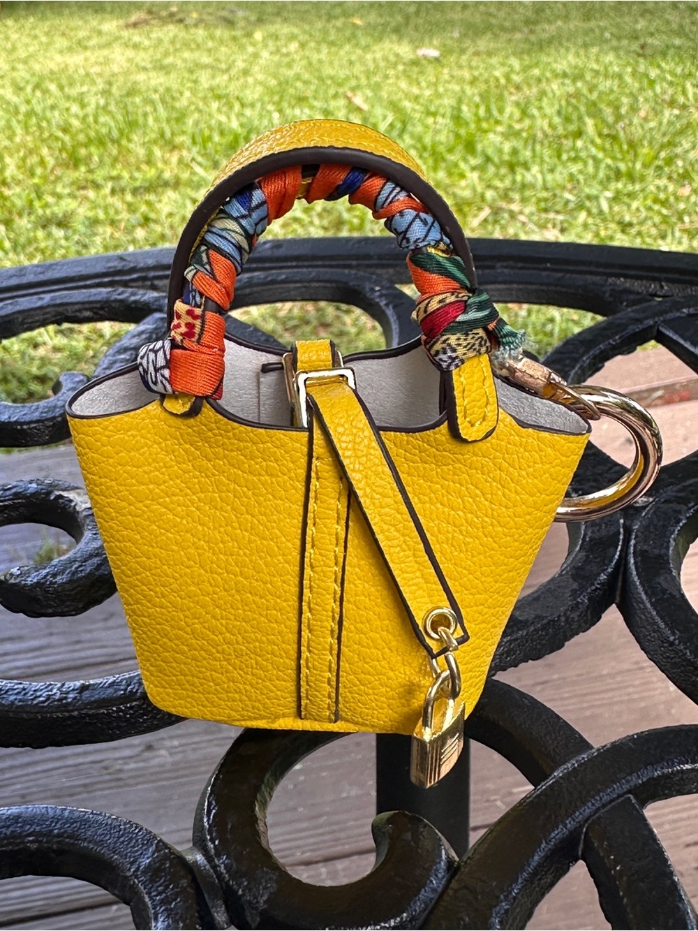 Yellow Mini Leather Tote with Scarf-Wrapped Handle Bag charms